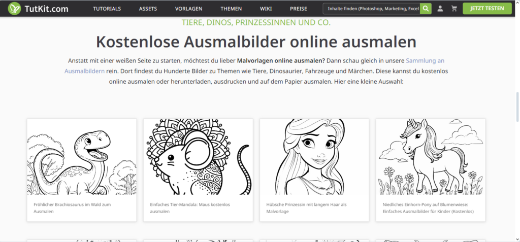 Ausmalbilder: kostenlos. 

Dieser Screenshot zeigt eine mögliche Motivauswahl wie einen fröhlichen Dinosaurier, eine Maus mit Mandala, eine Prinzessin und ein Einhorn auf einer Wiese.